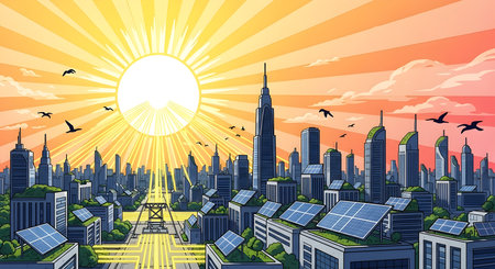 This vibrant illustration showcases a modern, sustainable city powered by renewable energy. Rooftop solar panels and lush green spaces highlight eco-friendly urban development, emphasizing a commitment to a cleaner, greener future. The bright sun illuminates this innovative cityscape, symbolizing hope and progress in environmental stewardship and smart urban planning.の素材