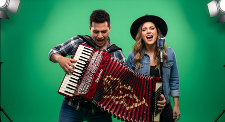 A vibrant medium shot of a man energetically playing a red accordion while a woman in a hat sings passionately into a vintage microphone. Both are smiling and engaged, against a bright green studio backdrop, suggesting a musical performance or recording session.の素材