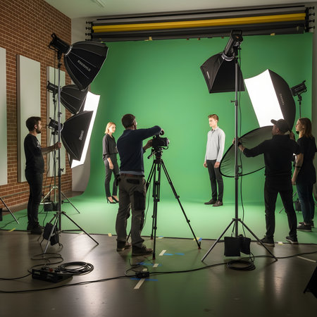 A professional film crew operates cameras and lighting equipment in a studio setting, focusing on a male model positioned in front of a vibrant green screen. This setup is ideal for virtual backgrounds and special effects in media production.の素材
