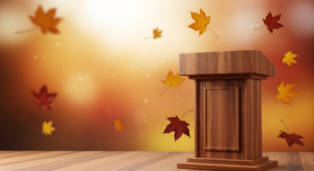 Autumnal Speech: elegant wooden lectern with falling maple leaves against golden backdrop. For presentations, public speaking and fall concepts.の素材