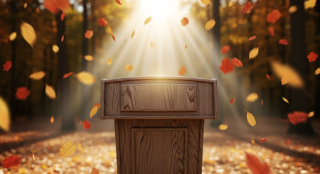 Autumnal podium platform in forest. Ideal for a presentation or speech.  Scenic sunlit backdrop in a fall environment.の素材