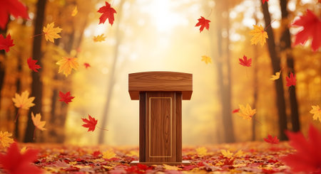 Wooden podium in outdoor fall background. Perfect for presentation, displays or product mockups surrounded by colorful fallen autumn leaves.の素材