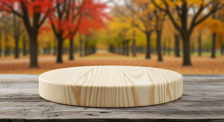 Wooden display podium, wood surface, autumn foliage. Great for showcasing fall, autumnal, seasonal products in a natural scene with wood table.の素材