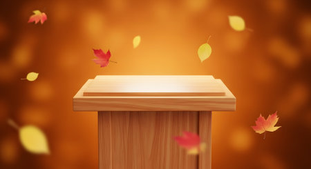 Wood product podium with autumn leaves on gradient background. Stage platform and showcase pedestal for product display, presentational backdrop.の素材