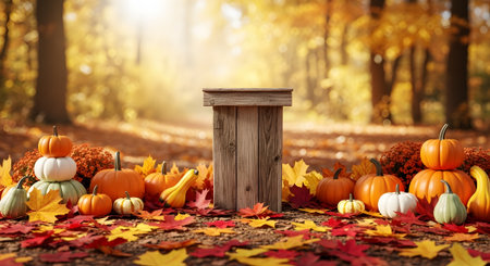Fall display with wooden stand and pumpkins in autumnal forest with colorful foliage. Seasonal harvest showcase with vibrant leaves background.の素材
