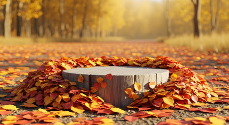 Cylindrical autumnal display stage surrounded by fall leaves along country road. Showcase nature's bounty. Ideal for product promotions this season.の素材