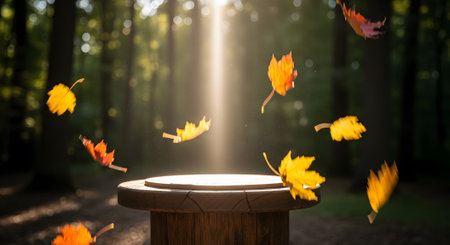 Wooden podium in fall with falling leaves. Showcase product in autumnal scenery nature background with seasonal atmosphere.の素材