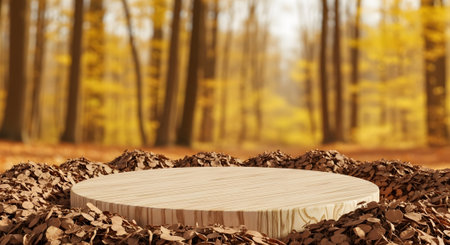 Minimalist autumn scene with dry leaves as product display stage. Suitable for seasonal promotion or advertisementの素材