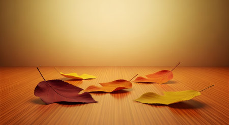 Autumn concept featuring leaves on wood floor. Fall season displaying seasonal foliage. Indoor composition of fallen leafの素材