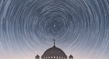 Time lapse photography star trails above mosque silhouette. Illustration islamic themed background with cosmic astronomy.の素材