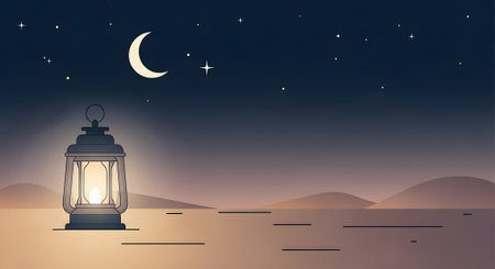 Cartoon illustration of glowing lantern with crescent moon and stars in dark desert setting. Simple islamic art.の素材