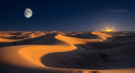 Desert landscape at night featuring illuminated mosque under bright moon and starry sky. Middle East scenery for ramadan background.の素材