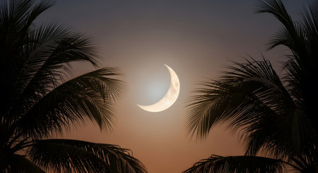 Crescent moon shining in tropical night sky. Silhouette of palm trees against serene evening backdrop. Nature scene and tranquil.の素材