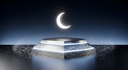 Eid Al Adha product stage with crescent moon and lights. Represents spiritual product showcase.  Islamic holiday festive background.の素材