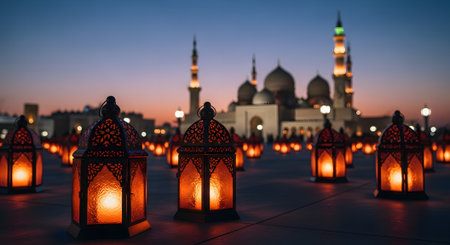 Warm Ramadan lanterns with mosque background. Festive evening scene. Illumination and celebration. Traditional decoration landscape.の素材