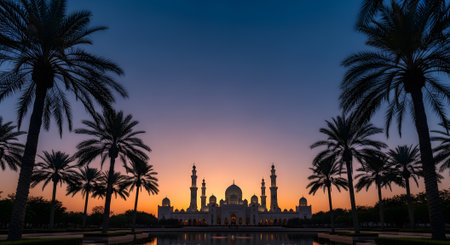 Grand mosque silhouette, twilight palm trees in Abu Dhabi. Islamic architecture and travel scene at scenic sunsetの素材