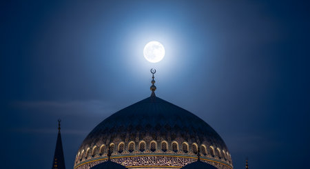Ramadan Kareem night scene featuring mosque dome and full moon. Symbolizing tranquility, spirituality, Islamic celebrationの素材