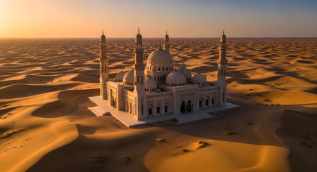 Magnificent mosque surrounded by dunes during the dawn. Represents Middle Eastern architecture and cultural landmarks.の素材