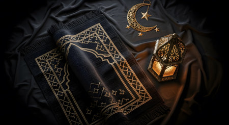 Prayer rug with lantern and crescent moon. Muslim decorative theme portrays Islamic prayer setup with rug, lantern, and crescent moon.の素材