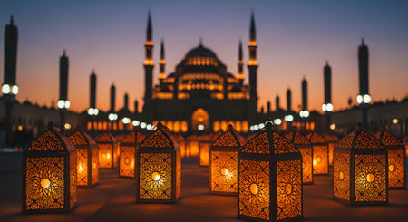 Medina mosque at dusk with radiant lanterns. Symbolizes faith, culture, tradition, and Middle Eastern architecture.の素材