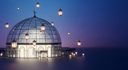 Glass dome with glowing lanterns set against dusky backdrop conveying serene spiritual feel, architectural illumination. Islamic design and artの素材