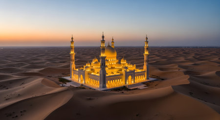 Desert mosque at dawn with radiant lights. Represents Islamic architecture, culture, travel, and Middle East.の素材