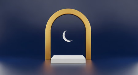 Islamic crescent moon, gold archway, white stage. Minimalist design 3D rendering for elegant and religious themesの素材