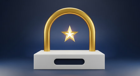 Golden star arch on white base. Success achievement concept rendering display in front of blue background studio shot.の素材