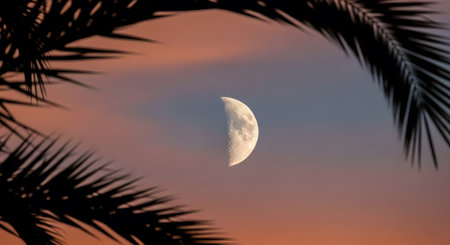 Crescent moon shining framed by silhouetted palm leaves. Tranquil celestial tropical evening scene showcases nature beauty.の素材