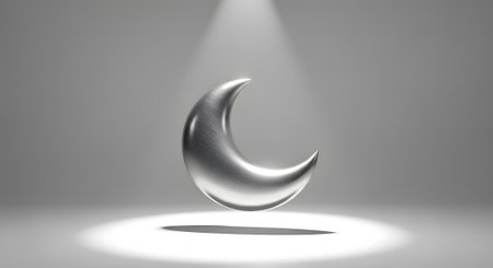 Shiny metal crescent moon symbol with spotlight. Background for Ramadan Kareem islamic decor and religious inspiration.の素材