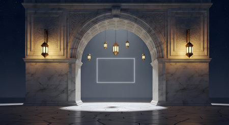 Ornate archway illuminated with lantern lights. Islamic architecture frames an evening star backdrop for elegant scene.の素材
