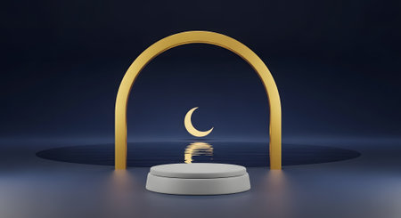 Ramadan display stage. Kareem mockup with golden arch and crescent moon. Elegant backdrop. 3D rendering designの素材