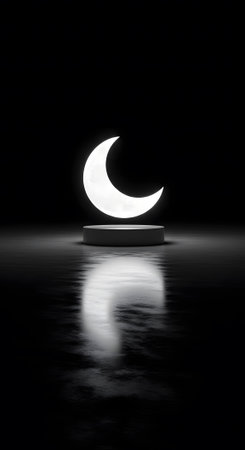 Crescent moon night scene featuring glowing orb moonlight on platform with water reflection. Abstract cosmic dreamscape design backdropの素材