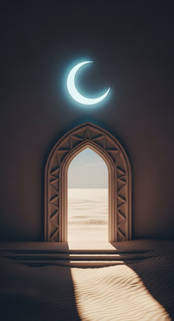 Mystical archway opening onto desert. Serene spiritual scene featuring luminous crescent moon. Conceptual of new beginnings.の素材