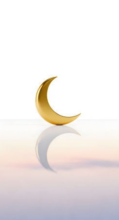 Golden crescent moon reflects off surface. Minimalist still life design for backgrounds or presentation materials.の素材