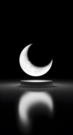 Crescent moon on podium presentation stand product display symbol background. Minimal, sophisticated, celestial backdrop.の素材