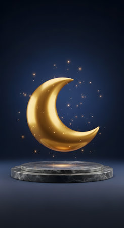 Ramadan still life featuring golden crescent moon marble podium. Festive design for Islamic holiday and Eid Mubarak greeting card.の素材