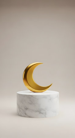 Luxurious golden crescent moon on white marble cylinder pedestal display stand. Backdrop for cosmetic product advertisement.の素材