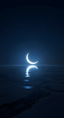 Serene illustration crescent moon reflected on water under night sky. Tranquil scene showing moon's glow against dark backdrop.の素材