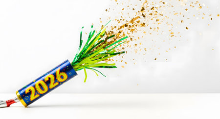 Party popper featuring 2026 with exploding confetti. Festive celebration fun perfect for backgrounds or designs.の素材