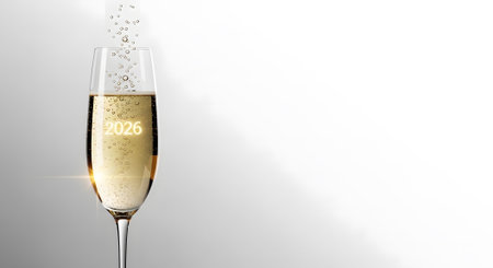 Bubbly champagne glass toast year 2026. Elegant celebration cheers with simple background for event and happy occasion.の素材