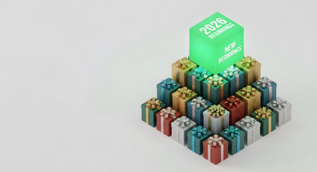 Isometric arrangement of gifts stack forming pyramid. Presents with ribbon bows symbolize new beginnings in year 2026.の素材
