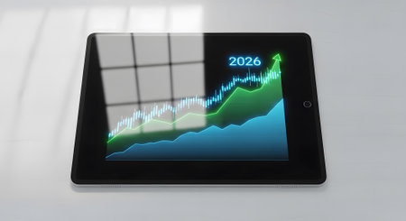 Upward projecting charts and arrows on tablet for 2026 business forecasts. Finance depicted on modern technology screen.の素材
