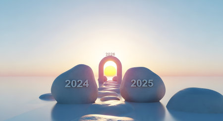 Stones marking journey through years. Pathway to brighter 2026, envisioning progression and transition for future.の素材