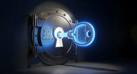 Year 2026 financial opportunity concept Digital key inserted into heavy metal vault door Safe represents future wealth and business success 3D render.の素材