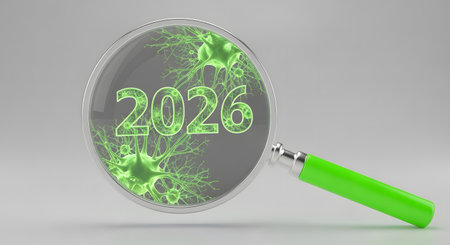 Magnifying glass zooming onto microscopic view neurons or virus cells green color 2026 text future medical research biological study exploration discovery.の素材
