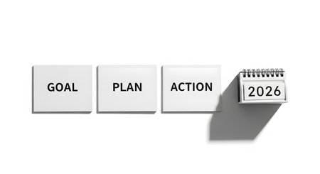 White cards displaying Goal Plan Action next to 2026 calendar. New year resolution strategy motivation concept.の素材