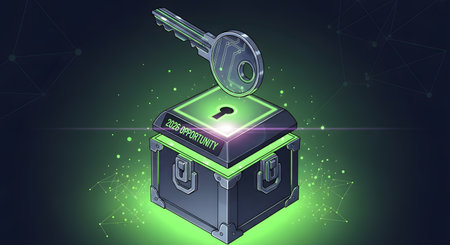 Future business opportunity 2026 represented by glowing chest key success innovation technology unlock potential achievement vision.の素材