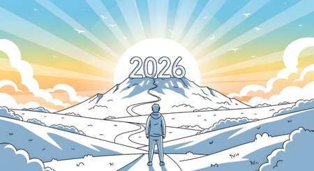 Conceptual illustration of person standing on road looking toward 2026 goal on mountain peak Symbolizing business achievement motivation success.の素材
