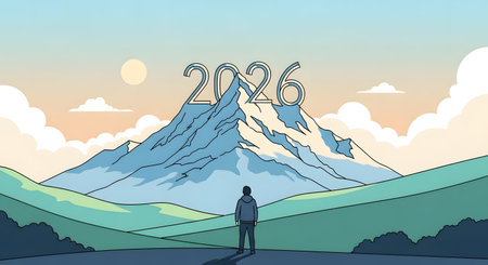 2026 achievement goal on mountain peak. Man standing looking at future challenge summit. Success concept vision New Year target aspiration.の素材